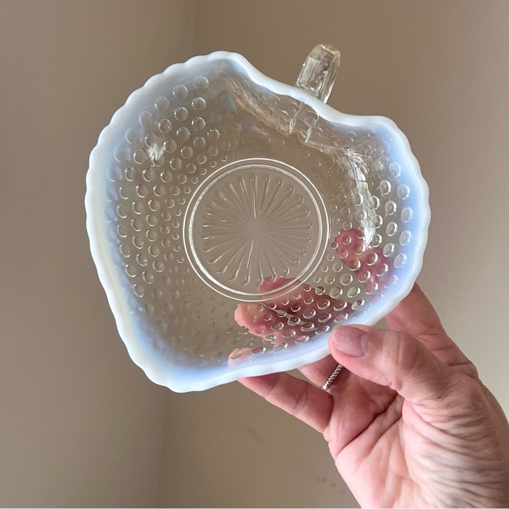 Fenton or Anchor Hocking hobnail leaf shaped dish white and clear lovely
